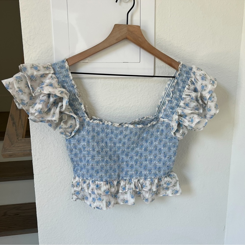 NWT LOVESHACKFANCY Wrennly Top in Powder Blue and White - Picture 3 of 7